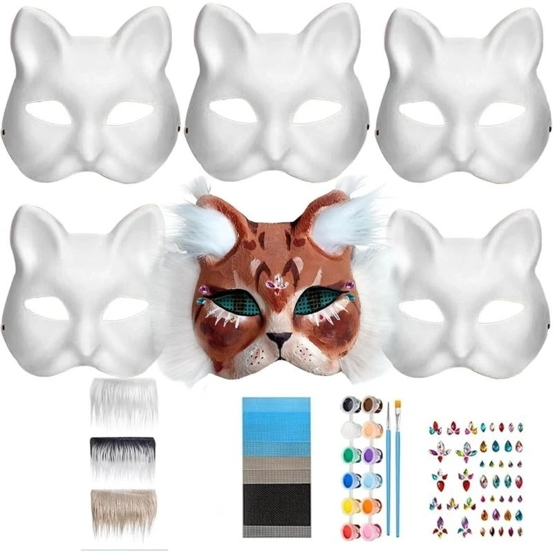 

Маска кошачья маска Therian Mask с меховыми драгоценными камнями и глазной сеткой DIY Therian Mask Blank Base для покраски