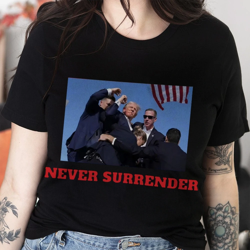 Trump Rally Shooter T-shirt Trump Never Surrender T Shirt Street Cotton Tees Women's Loose Short Sleeve Commuting Basic Top