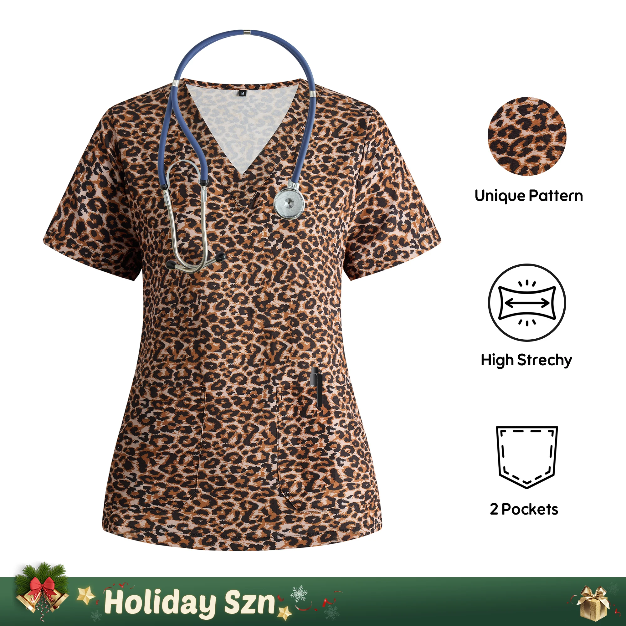 

【Fun】Women Scrub Top Leopard Print Stretchy T-shirt Clothing for Nurse Dentist Pre-school Teacher Workwear Surgical Uniform