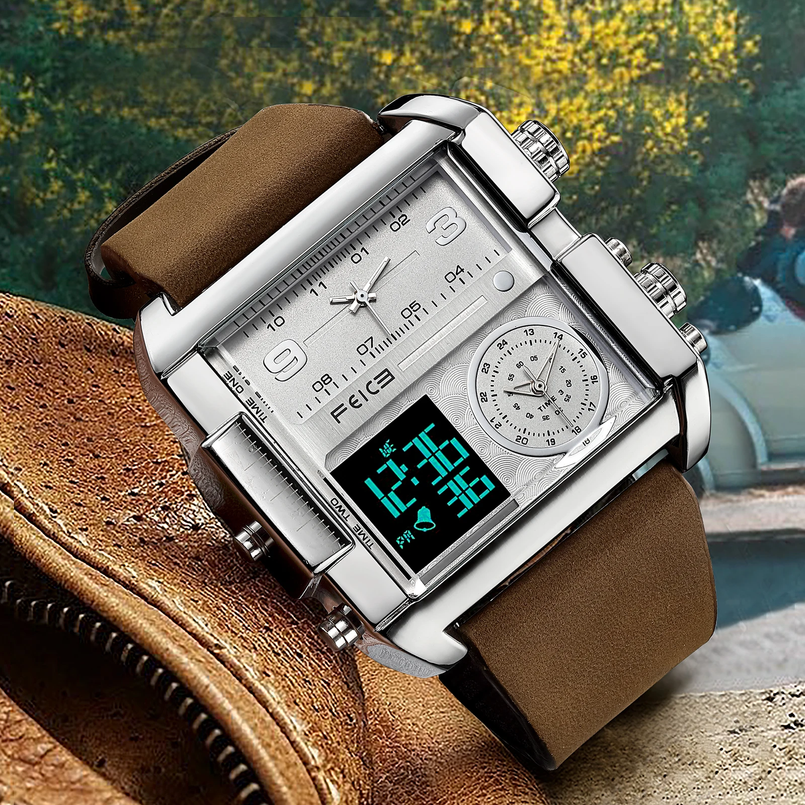 FEICE Watches for Men Big Dial Digital LED Analog Quartz Waterproof Wristwatch Business Men’s Watch Square Leather Band FK030
