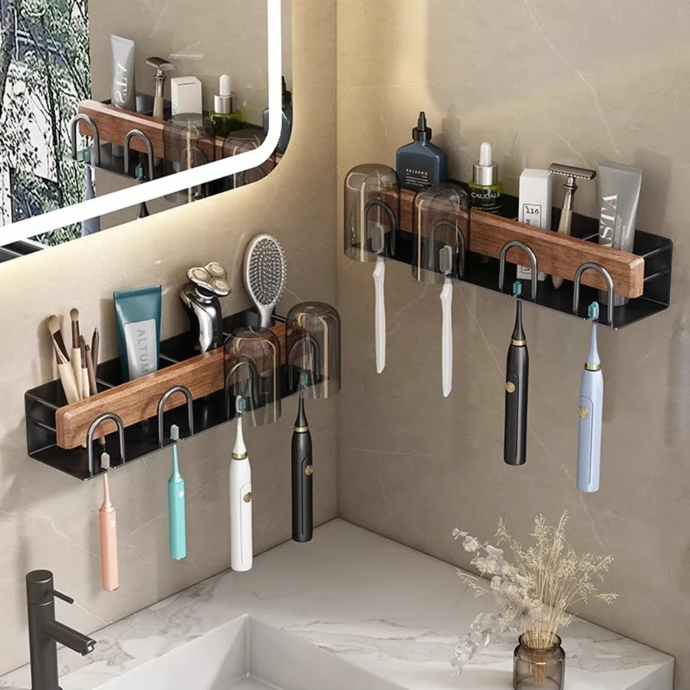 

Solid Wood Toothbrush Holder Wall-mounted Mouthwash Cup Holder Multi-functional Bathroom No-drilling Toothpaste Toothbrush Rack