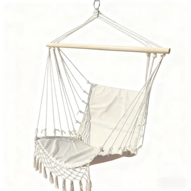 Boho Macrame Tassel Hanging Swing Chair Solid Wood Spreader Bar Canvas Indoor Balcony Leisure Hammock Chair