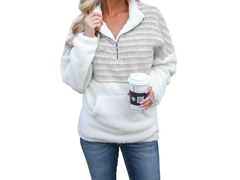 Autumn and Winter Fashion Plush New V-neck Zipper Long Sleeved Color Blocked Warm Hoodie Jacket