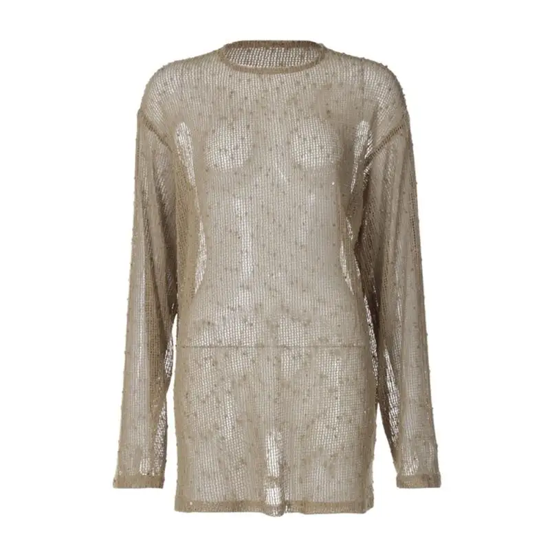 652F Women's Swimsuit Cover Up Hollowed Out Crochet Knit Bathing Suit Mesh Long Sleeve Sequined Pullover Beach Sweater Dress
