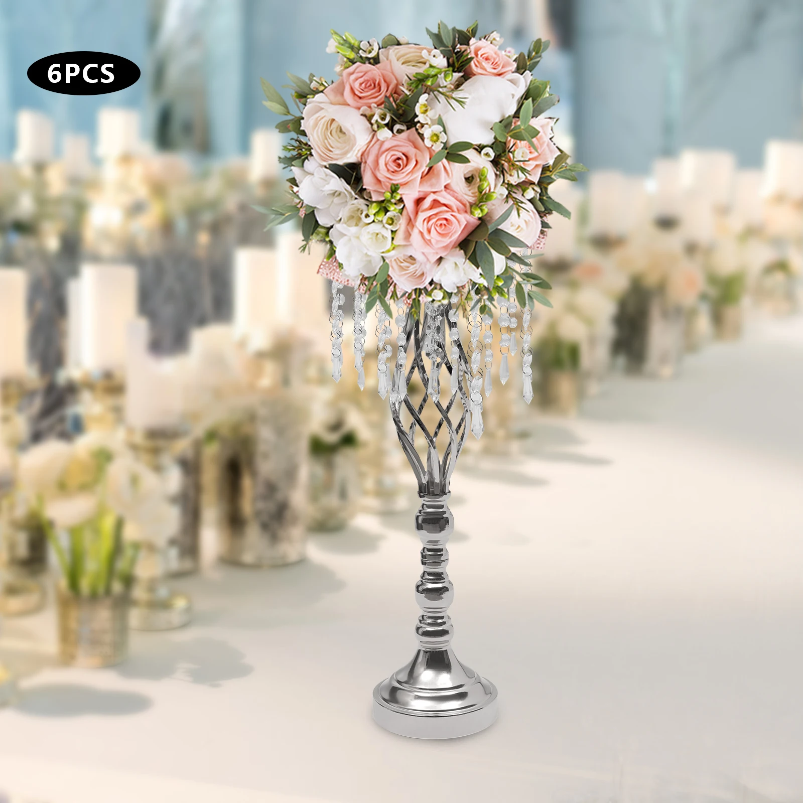 55cm Crystal Flower Stand Wedding Road Lead Flower Holders Centerpiece Floral Vases for Reception Tables 6 Pcs, Silver/Gold