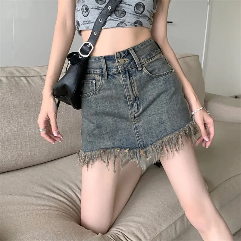 Women's High Waist Vintage Washed Denim Mini Skirt Raw Frayed Hem Casual A-line Jean Skirt