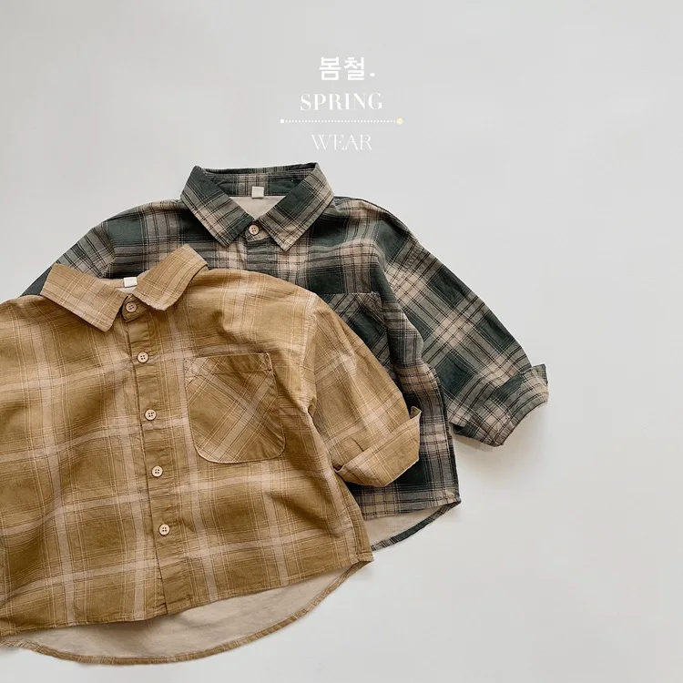 Japanese Korean Retro Childrens Boys Checkered Shirt Spring Autumn New Fine Striped Versatile Baby Boys Top Kids Boys Shirts