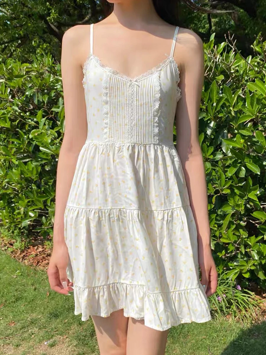 Little Yellow Ducks Lace-up Dress Women Summer Bow Lace Trim Sleeveless Slim A-line Vestidos Cute Sweet Cotton Camis Dresses New