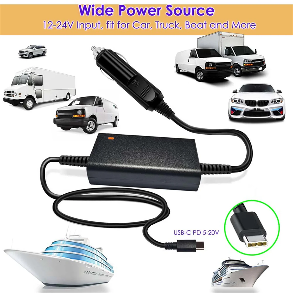 100W 12V-24V Universal Car Charger USB-C PD 5V 9V 12V 15V 3A 20V 5A for Book Laptops Tablets Smartphones