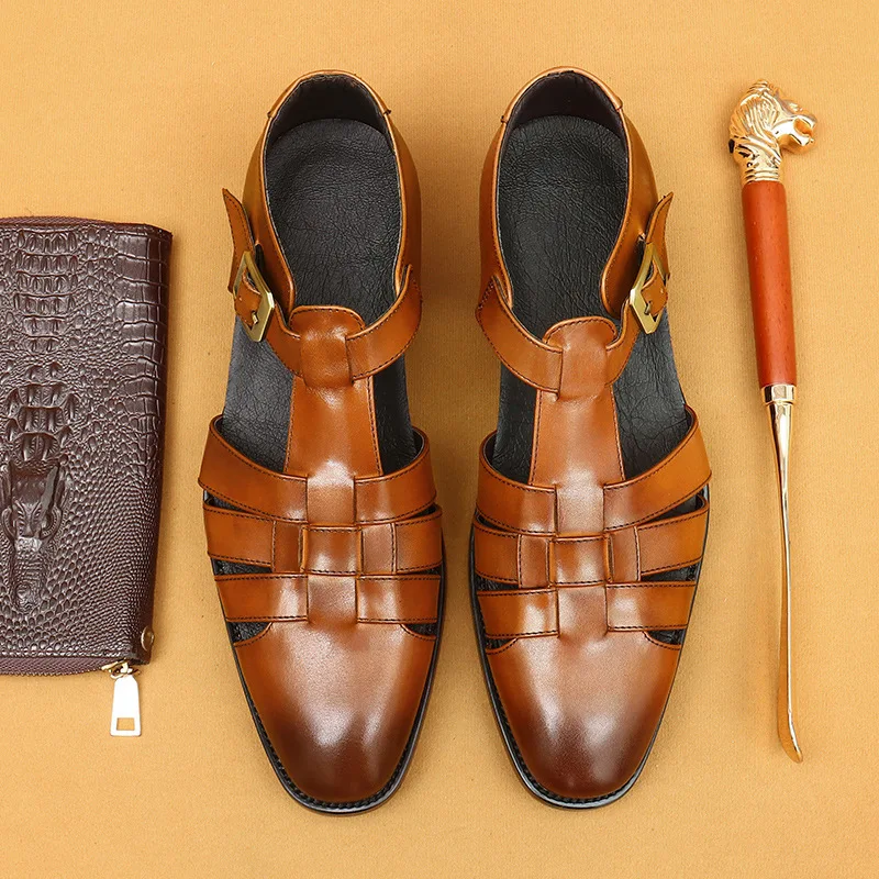 

Men'S Genuine Leather Vintage High Quality Sandals Luxury Wedding Formal Dress Classic Elegant Italian Black Shoes