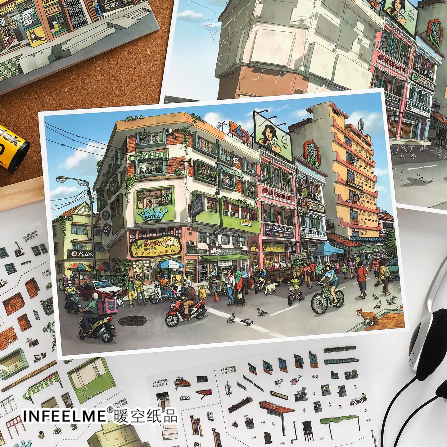 Castle Street, bustling with people, creating scenery stickers, Penang walking stickers, decompression, DIY decoration collages
