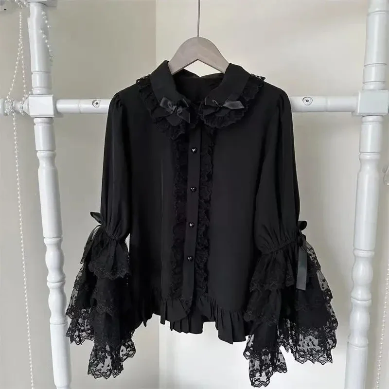 

Peter Pan Collar Lace Flare Long Sleeves Tops Japanese Sweet Girl Lolita Shirts Women Sweet Bow Vintage Goth Kawaii Y2k Blouses