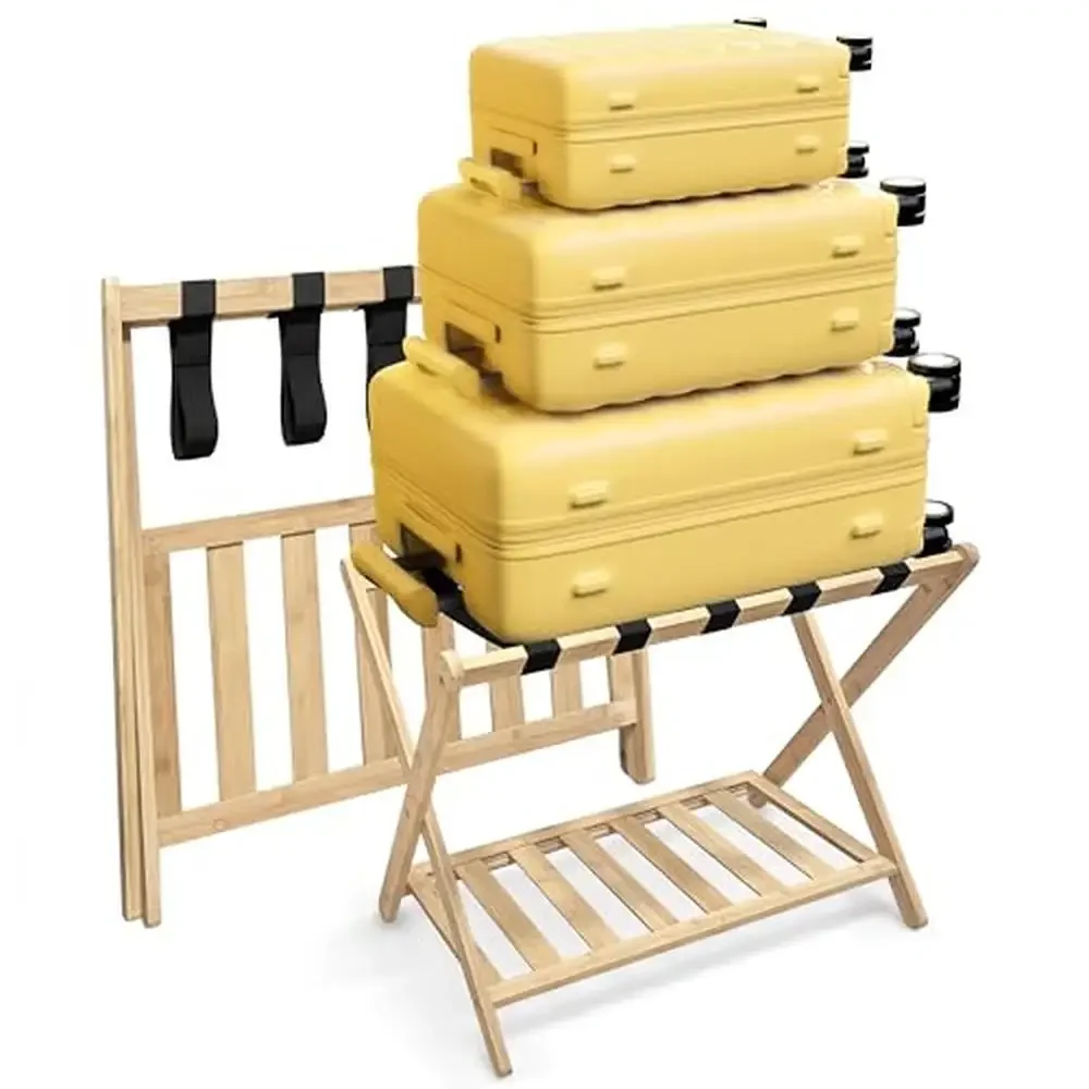 Bamboo Hotel Suitcase Stand Foldable 2-Layer Luggage Rack Up to 150 lbs Anti-Slip Rubber Mat Fully Assembled Foldable Travel