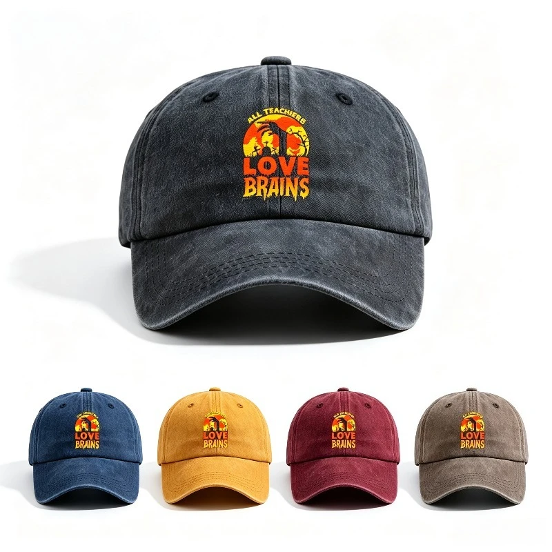 All Teachers Love Brains Vintage Washed Baseball Cap Funny Zombie Hand Sunset Graphic Dad Hat Adjustable Sun‑Hat Halloween Gift