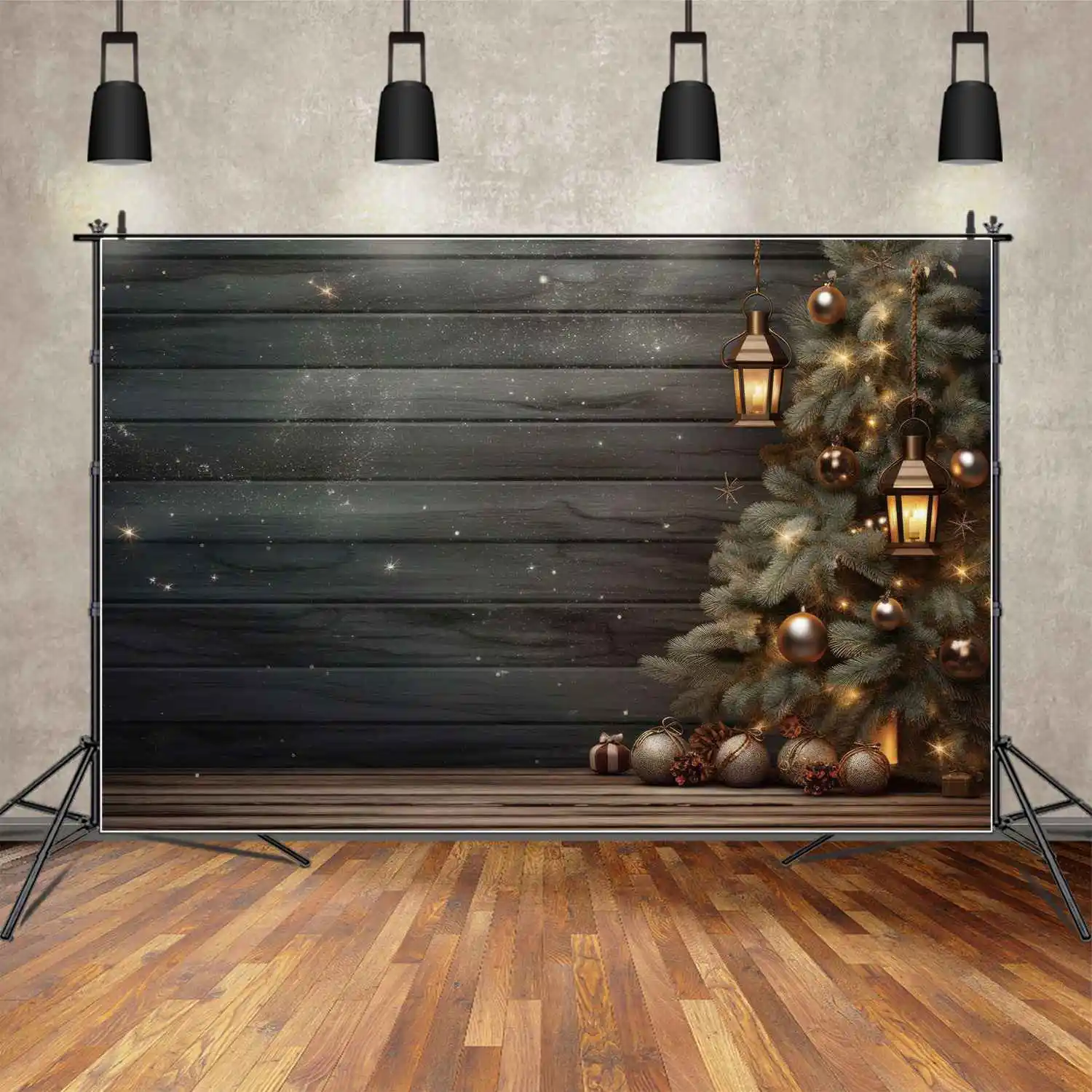 MOON.QG-telón de fondo de árbol de Navidad, decoración de lámpara dorada, tablón de madera, pared, suelo, fotografía de fondo, Banner de fiesta personalizado, cabina de fotos