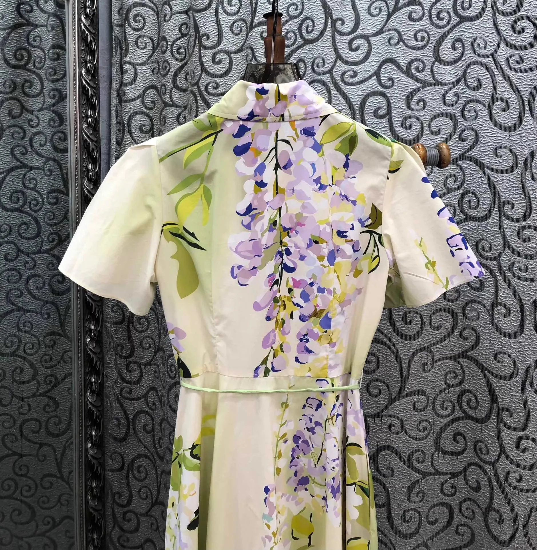 100% 면 롱 드레스 2026 봄 여름 여성용 턴다운 칼라 스위트 플로럴 프린트 벨트 장식 반팔 롱 맥시 드레스 럭셔리