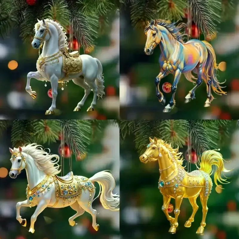 2D Acrylic Horse Car Rearview Mirror Pendant Charm Christmas Tree Backpack Hanging Ornament Party New Year Decoration Hanging