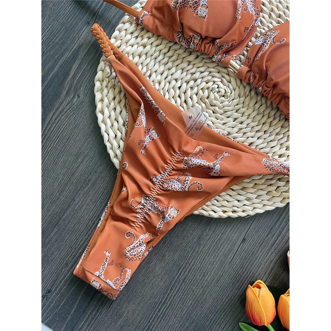 Leopard-Print-Bikini mit Neckholder und Scrunch-Design, Damen-Badeanzug, zweiteiliges Bikini-Set, Badebekleidung, Badeanzug, Modell V6065. – Detail 17
