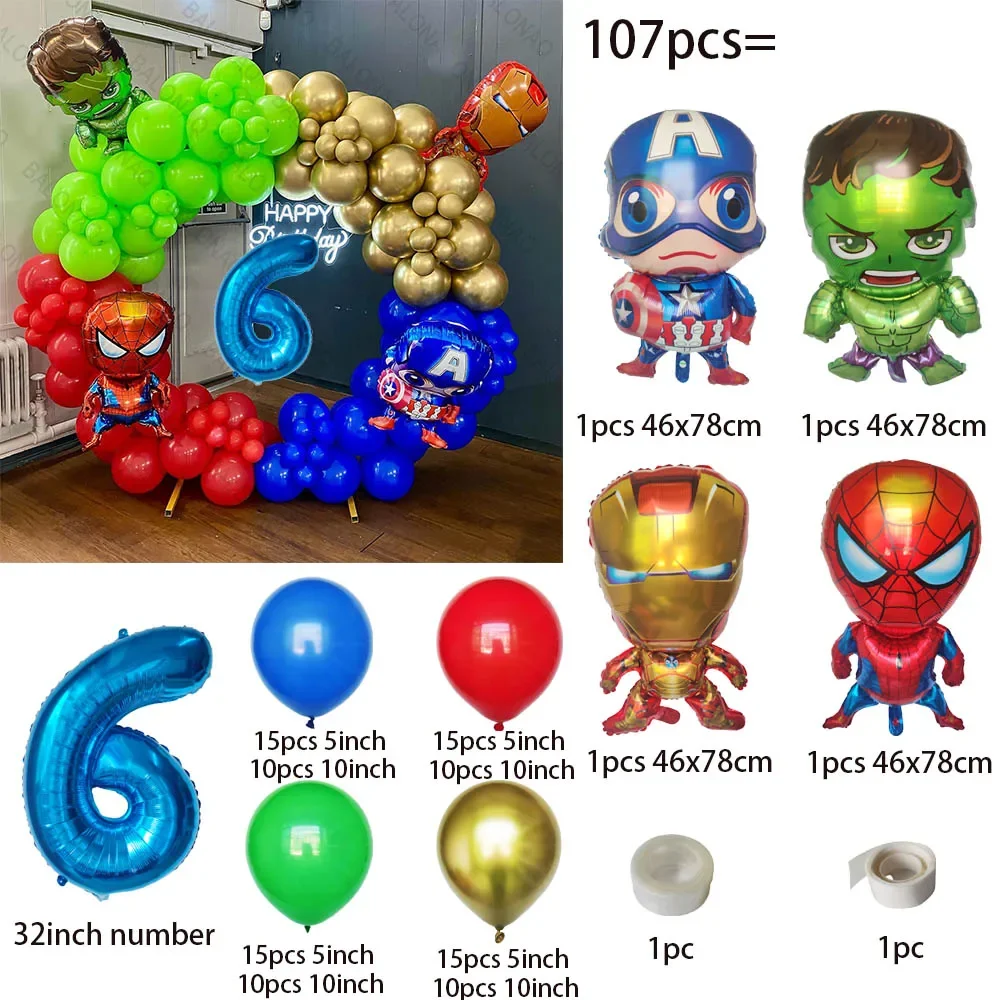 107pcs Avengers themed Iron Man Captain America Spider Man Hulk Balloon Set Children's Birthday Party Decorative Supplies