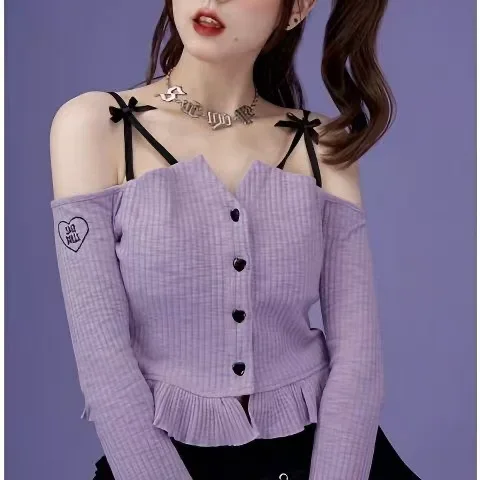 Sweet Cardigan For Women Y2k Solid Color Slash Neck Top Female Flare Sleeve Slim Ruffles Crop Tops Casual Purple Women's Clothes