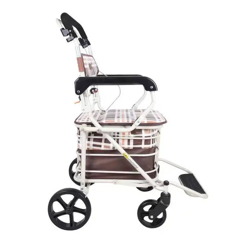 Elderly 4 Wheels Shopping Trolley Folding Walking Assist Handcart Mobility Aids Can Be Pushed And Seated