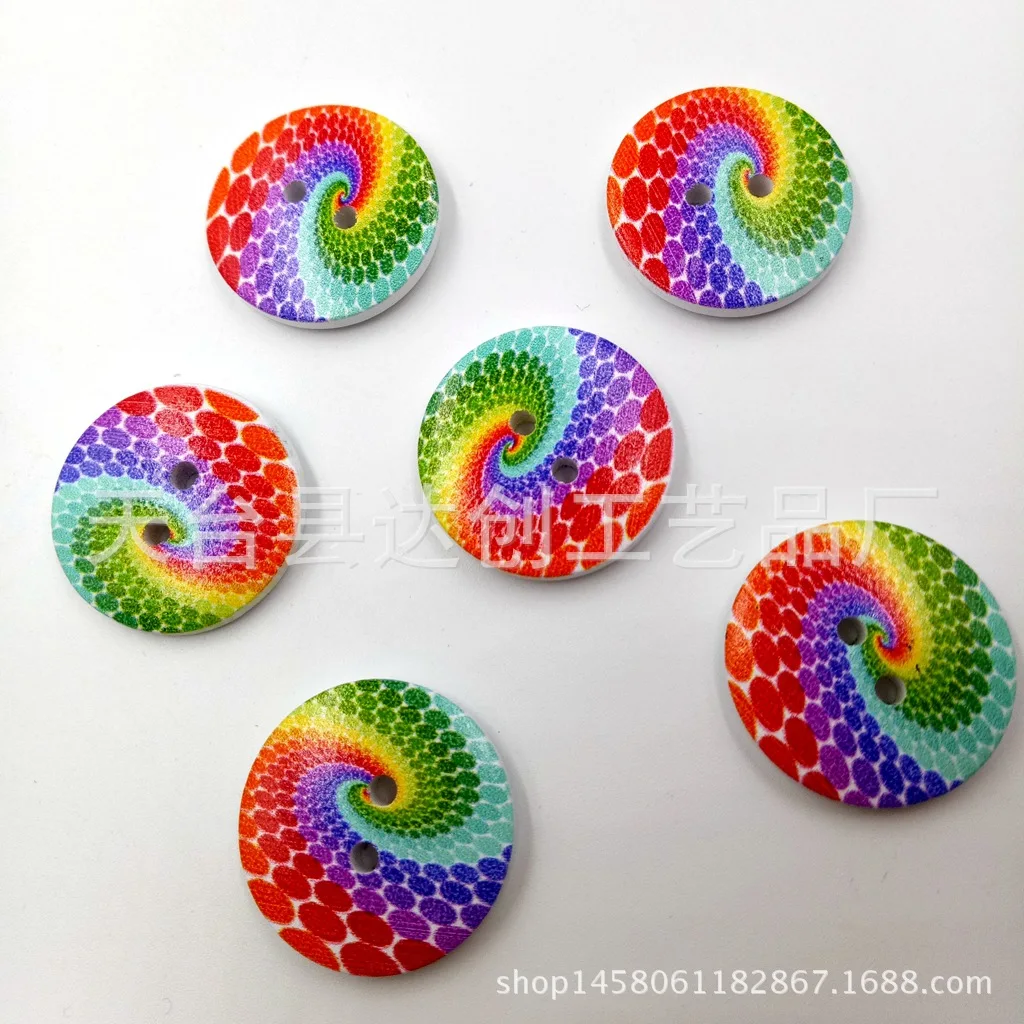 

DIY exquisite hand-painted clothing buttons, wooden white background rainbow two eyes with round holes buttons