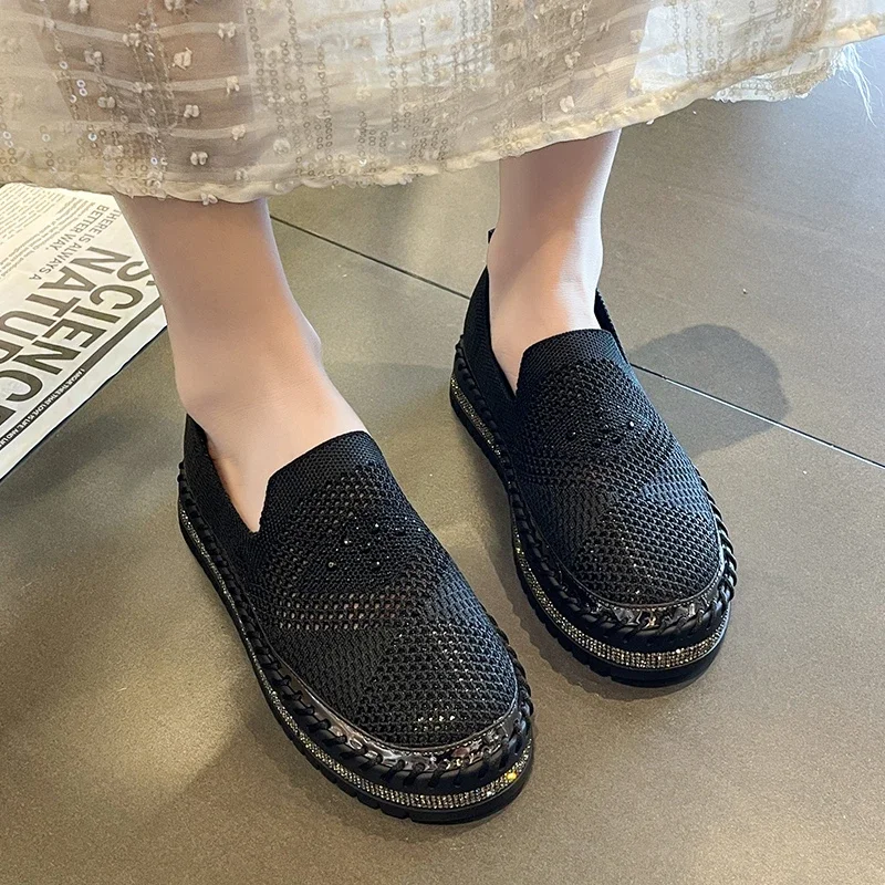 موضة الماس مزين حذاء مسطح المرأة 2025 جديد الخريف جوفاء تنفس منصة عادية أحذية بكعب منخفض Zapatillas #1