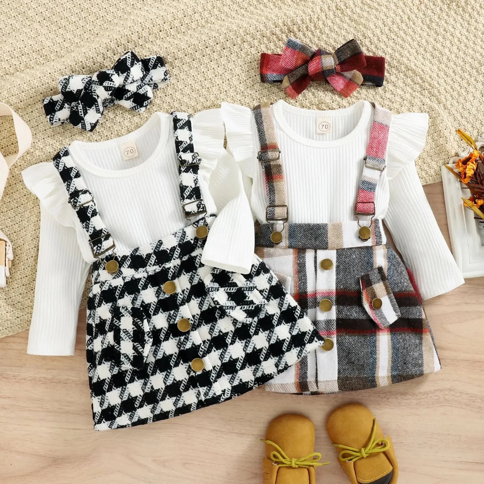 

Autumn Winter Toddler Kids Clothes Girls Ruffles Long Sleeve Knitted Bodysuits Tops+Plaid Suspender Button Dress+Headband Sets