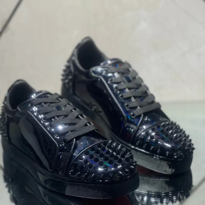 

Low Cut Luxury High Quality Trainers Driving Spiked Black Patent Genuine Leather Rivets Toecap Heels Men's Flats Sneakers Shoes