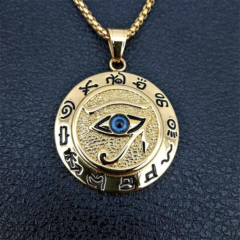 Eye of Horus Muslim Rune Pattern Round Pendant Necklace Men\'s Necklace Sliding Pendant Metal Necklace Amulet Accessory Jewelry