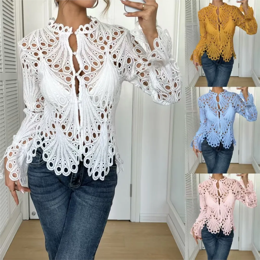 Women's Sexy Lace Hollow Solid Color Evening Shirt Spring Summer New Fashion Elegant Female Casual Versatile Long-sleeved Tops