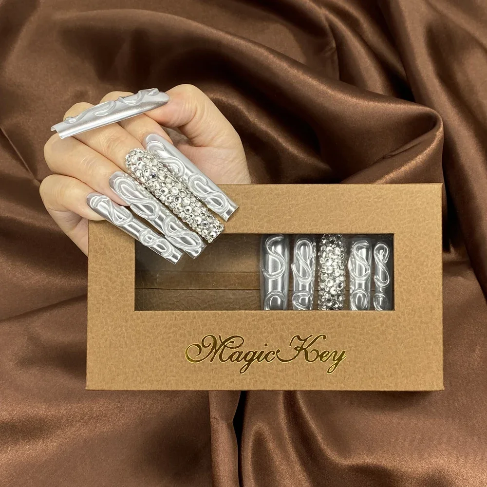 MagicKey – ongles opulents réutilisables faits à la main, 10 pièces, couverture complète Extra longue, magnifiques ongles en Gel UV avec colle