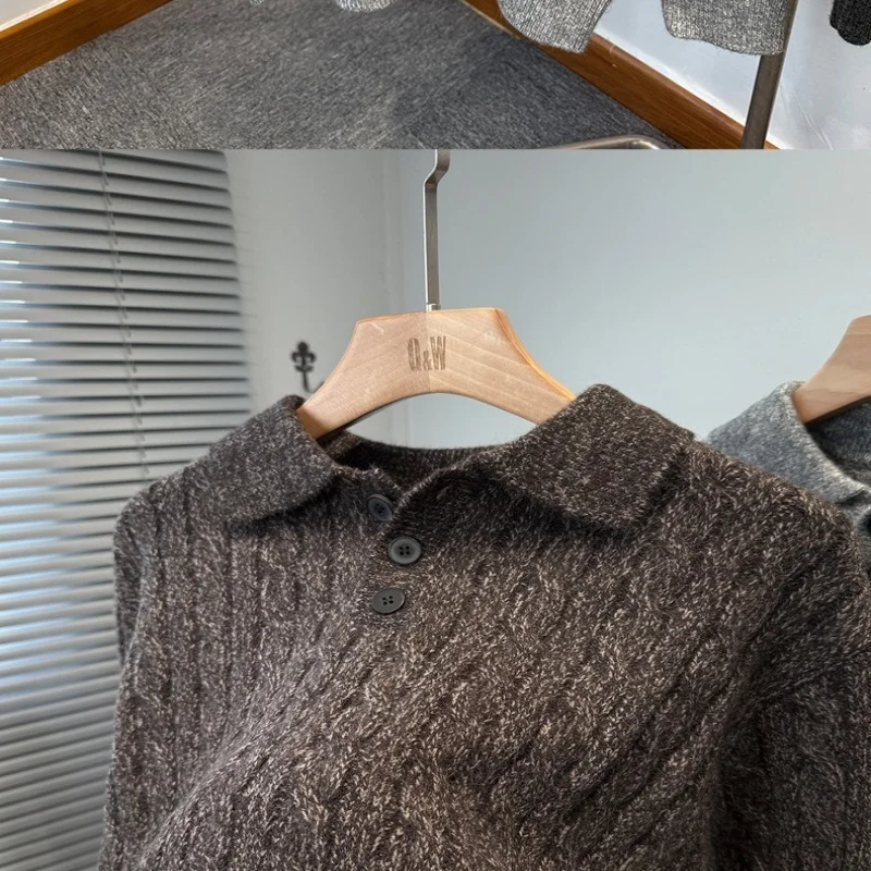 High end solid color Fried Dough Twists sweater men's lapel thickened thermal knitwear autumn and winter new style under base co
