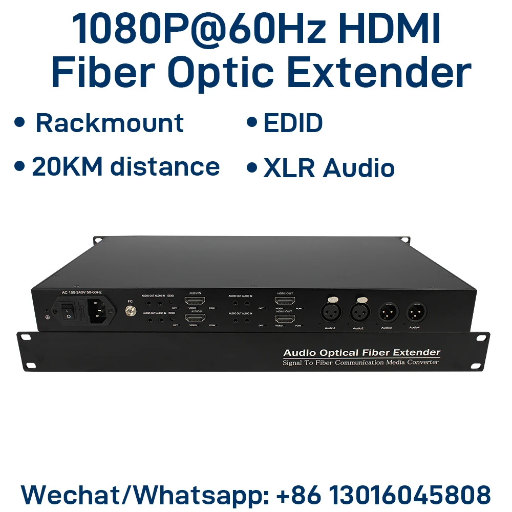 

1080p@60Hz HDMI Fiber Optic Extender Rack Mount 2/4 Channel with XLR Audio, Single-Mode 20km LC/FC/SC, Built-in 220V