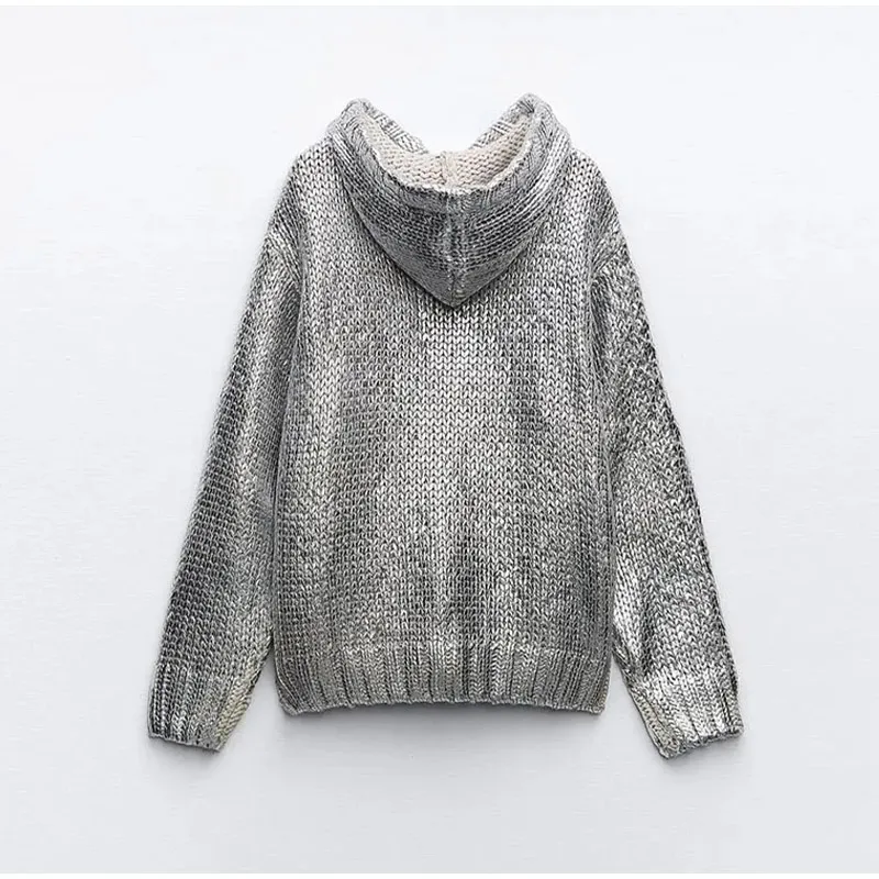 Metallic Shiny Women\'s Knit Sweater Long Sleeve Hooded Drawstring Pullover Top Loose Lady Coat 2024 Spring New Casual Female Swe