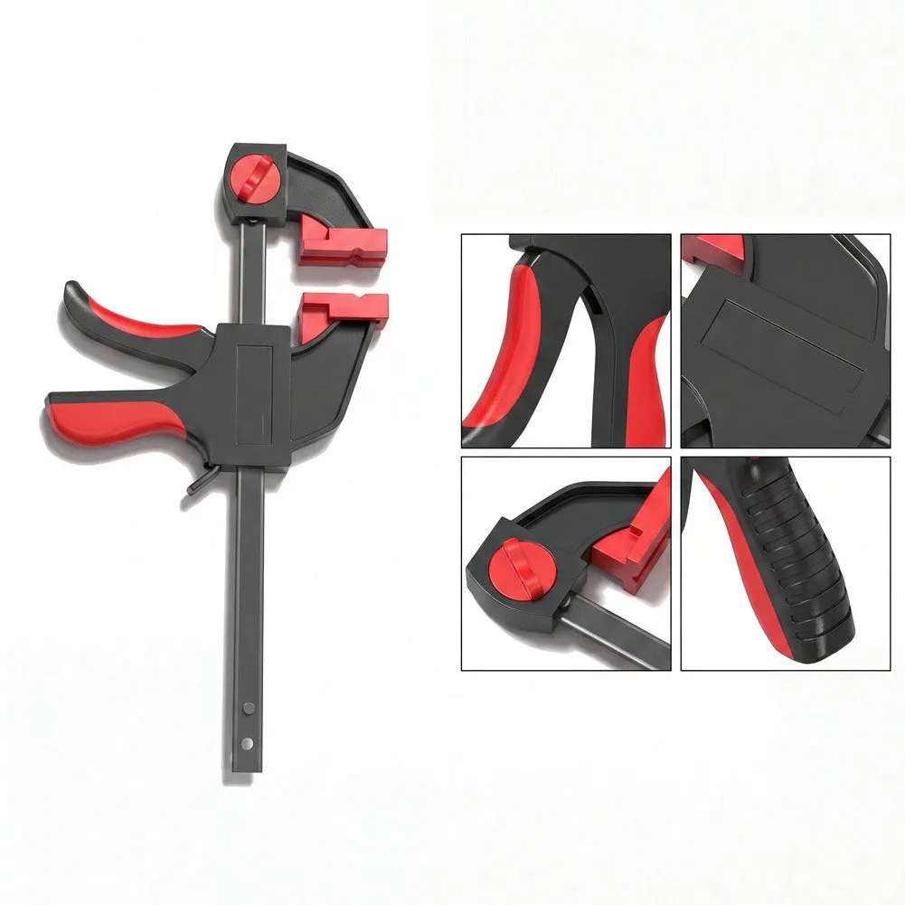 Quick-Release Woodworking Clamp in F Configuration Featuring Reinforced Steel Rods and Ergonomic One-Hand Operation