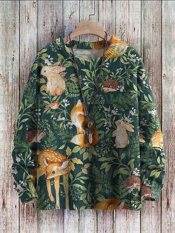 

Cute Rabbits Fox Hedgehogs Deer Art Pattern Print Casual Knit Pullover Sweater Men's For Women's Pullover