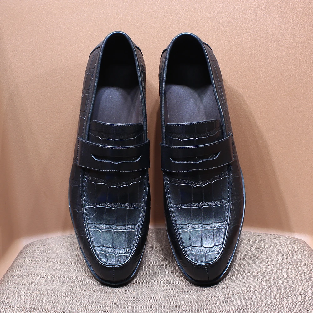 Luxury Men\'s Penny Loafers Genuine Leather Crocodile Pattern Slip on Wedding Party Dress Shoes for Men Office Casual Footwear