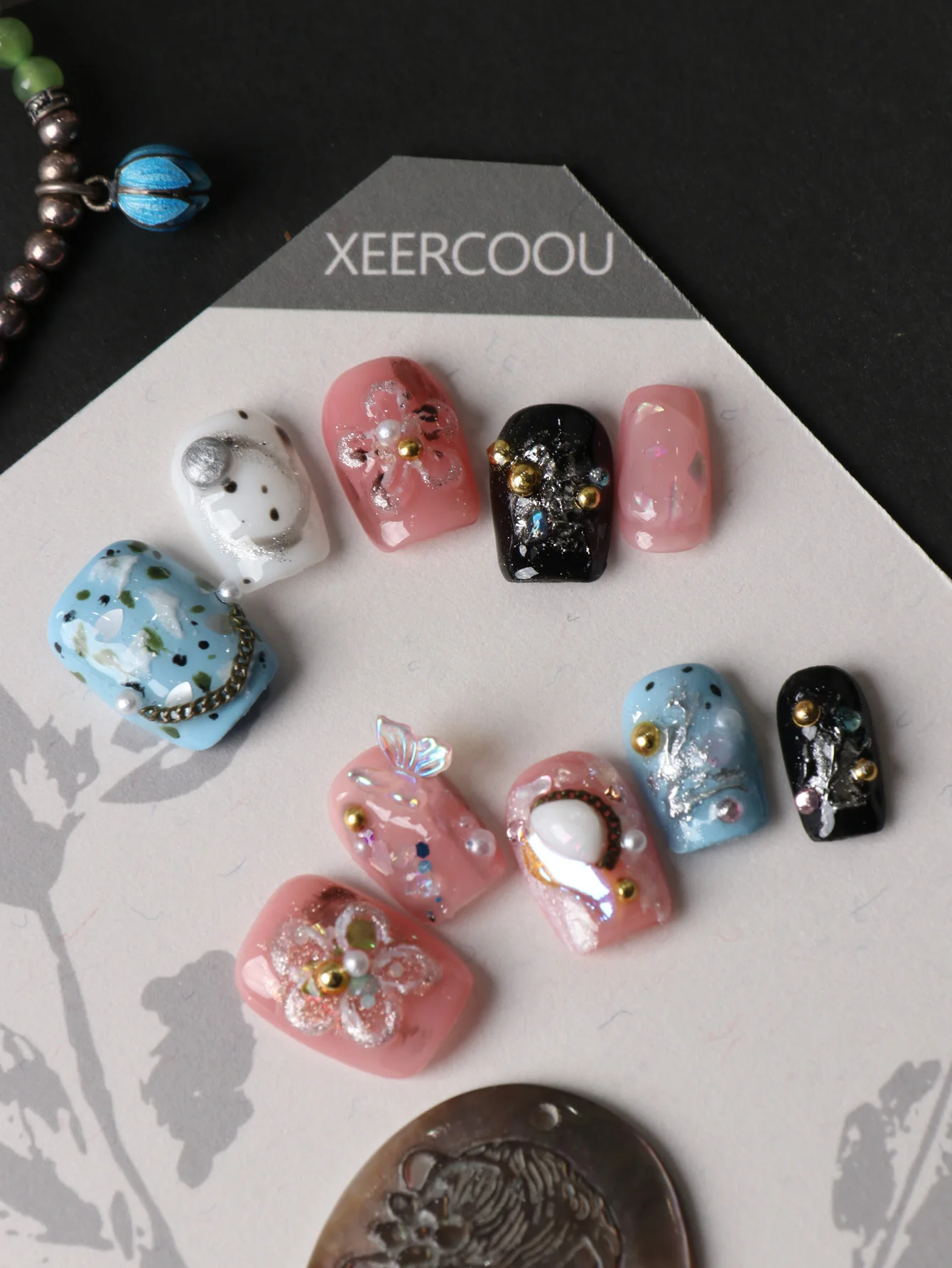 10Pcs Press on Nails Short Blue Red Flower Butterfly Press on Fake Nails Includes 1 Sheet of Adhesive Tabs & 1 Pc Mini File
