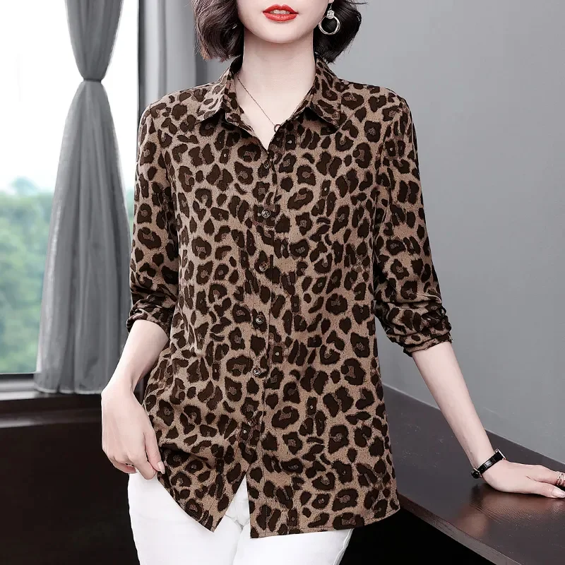 

Spring Autumn 2026 New Style Women's Leopard Print Chiffon Shirt Sun Protection Loose Fit Long Sleeve Button up Casual Top