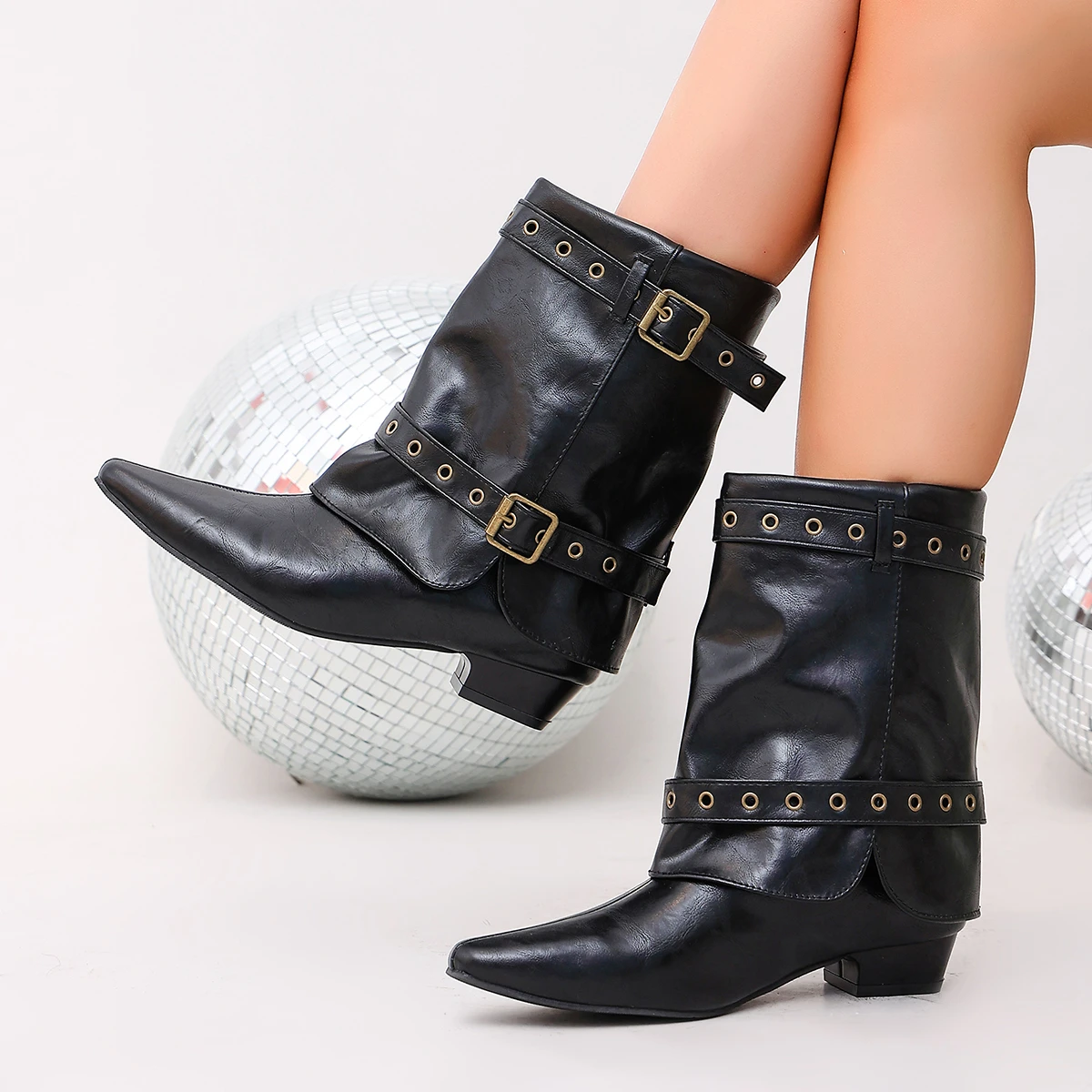 2026 New Style Belt Buckle Chunky Heel Mid-Calf Women Boots Fashionable CowGirl Booties Versatile Super Fiber Leather Boots