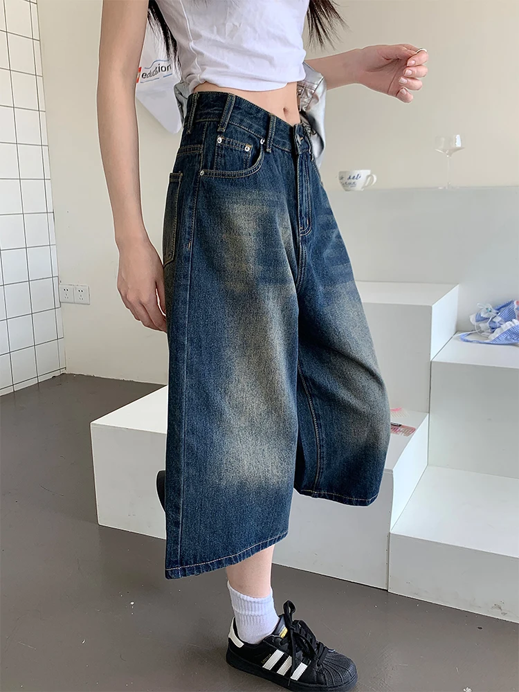 

Retro American Washed Loose Shorts Seven-Foot Jeans Women's Summer High Waist Wide Leg Casual Mid-Length Trendy Blue Denim
