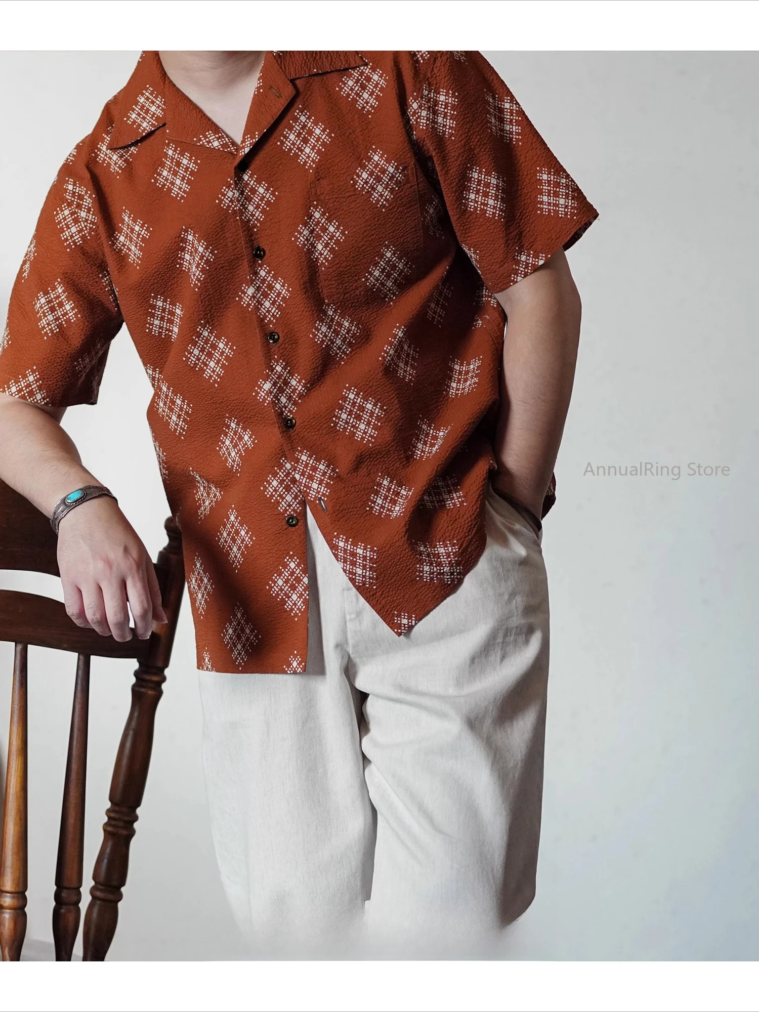 AnnualRing Vintage Seersucker Hawaiian Short Sleeve Shirt Lightweight Print Cuban Collar Shirt