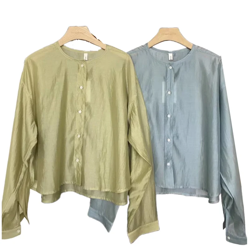 

Elegant Lyocell Shirts Women Casual Solid Button lightweight Blouses Spring Summer Long Sleeve Loose Tops Artificial silk Blusas