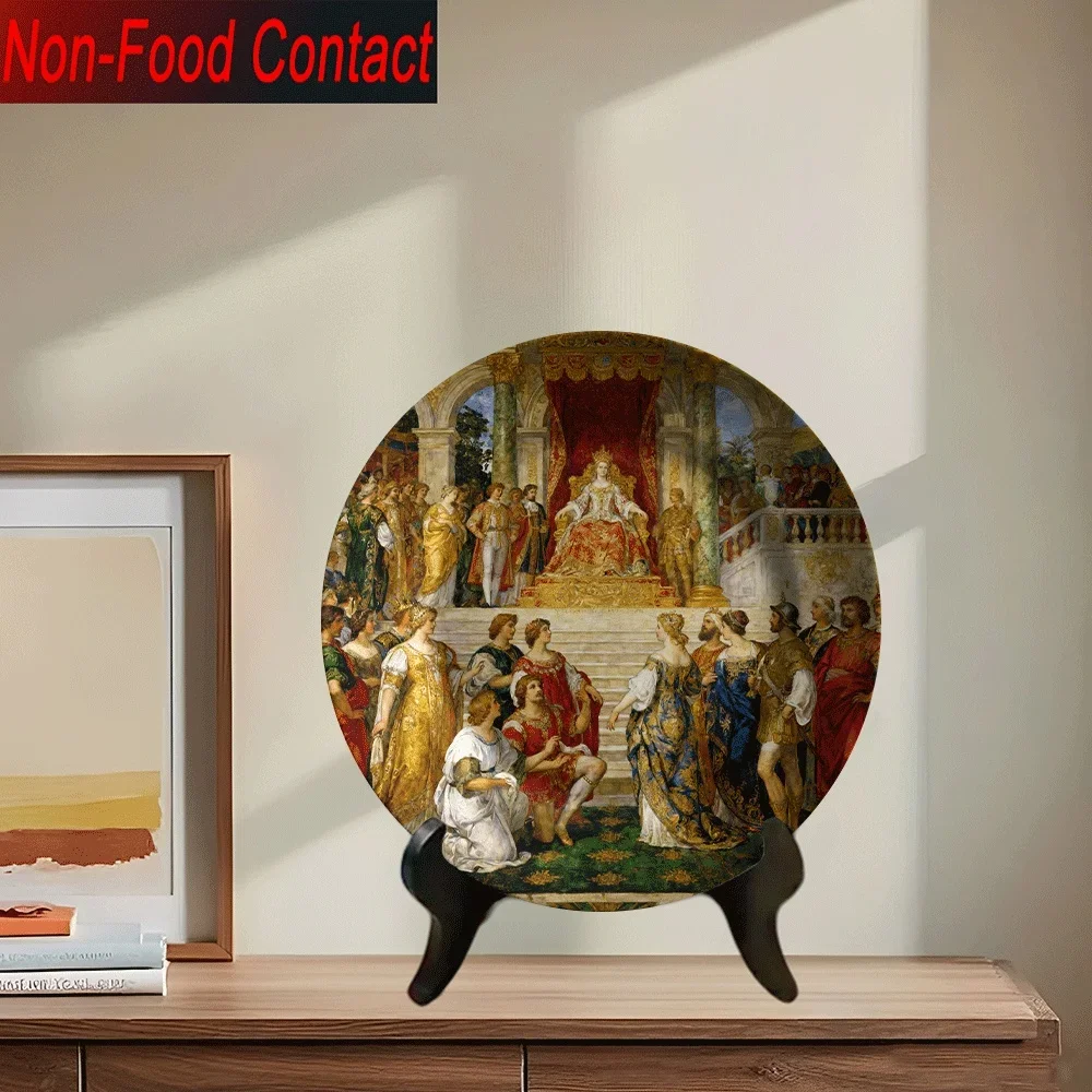 2D Flat, 1pc Renaissance Italian Court Ceramic Plate - Hand-Painted-Look 2D Flat Wall-Mountable Non-Food Contact Art Decor with