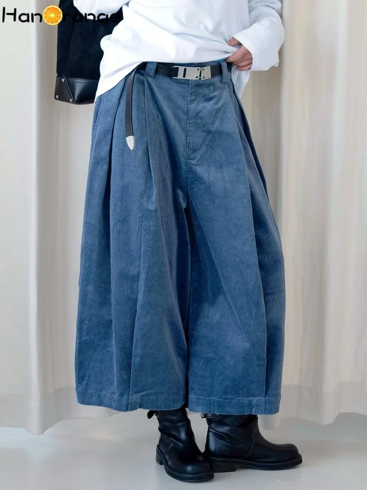Women Japanese Pleated Corduroy Wide Leg Pants, Elastic Waist Loose Casual Retro Trousers