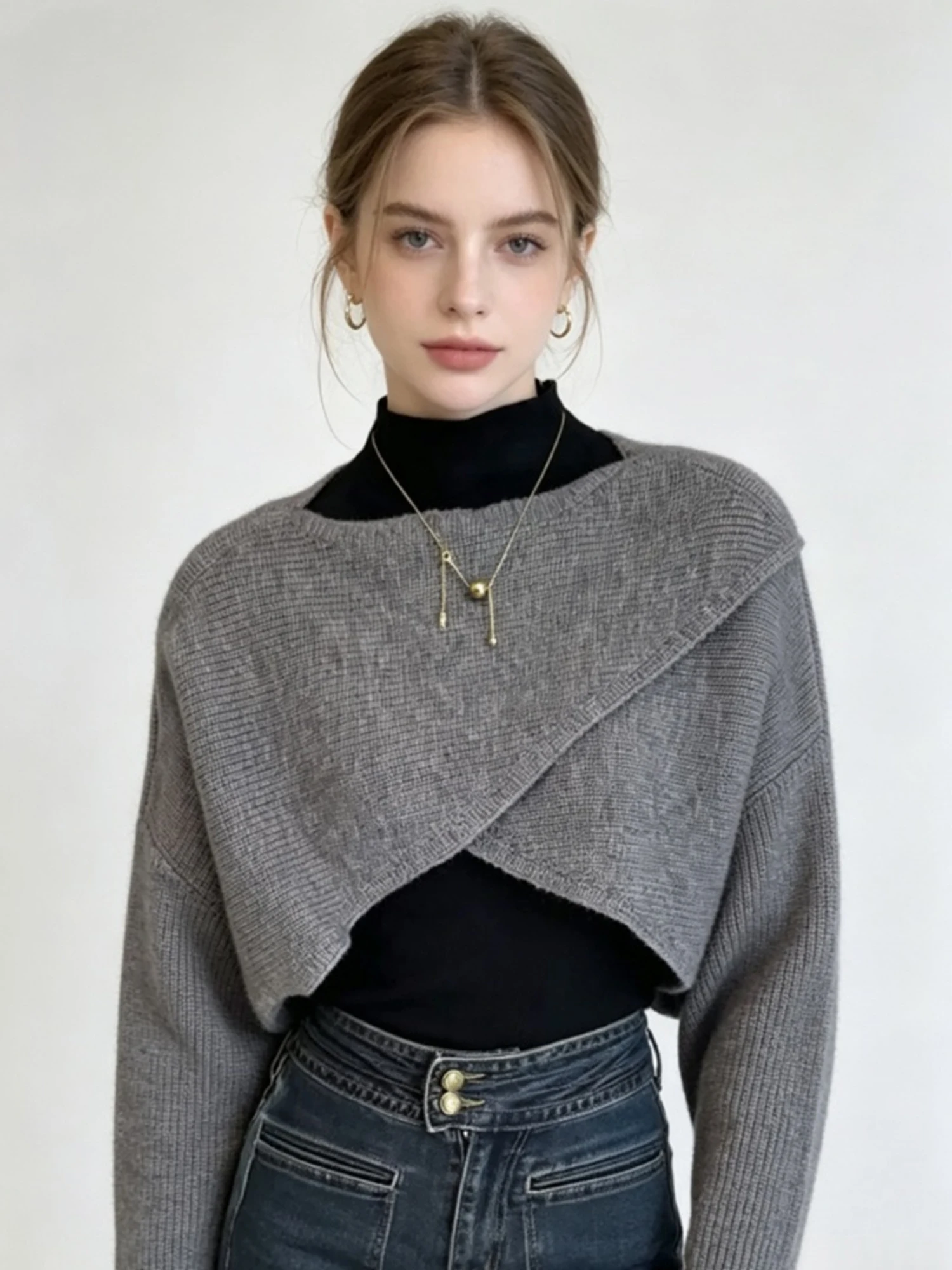 Women's Grey Cropped Pullover Sweater Y2k Vintage Knitwear Jumper Top Korean Retro Knit Shrug Outerwear for Women Spring Autumn