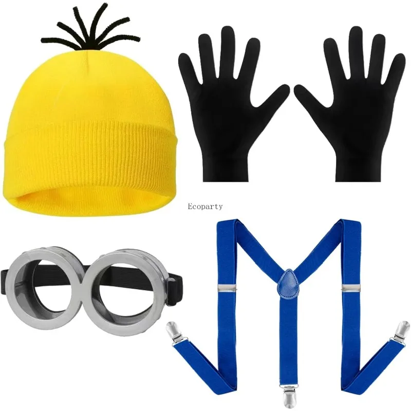 Disfraz Halloween-Kostümzubehör für Erwachsene, gelb/lila, Beanie-Brille, Handschuhe, Hosenträger, Halloween-Kostüm-Zubehör-Set
