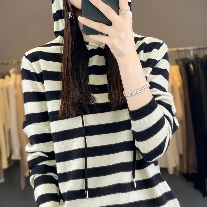 2023 New Striped cashmere hoodie Sweater Women  Knit Tops Hoodies Casual Women Long Sleeves hoodie Pullover