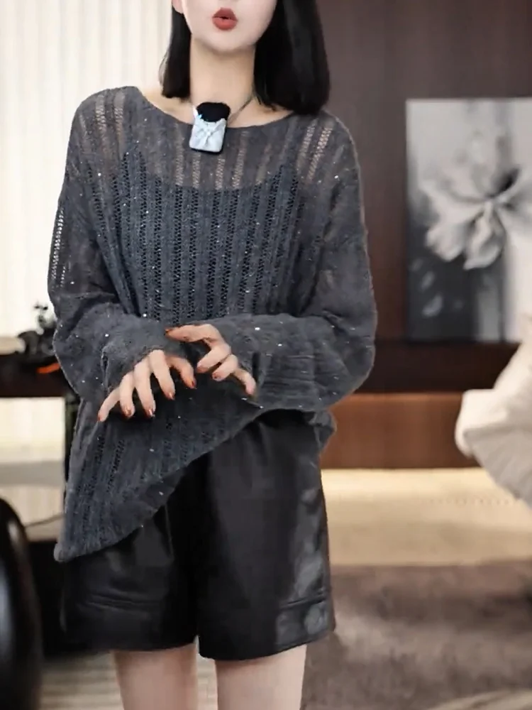 

Корейский свитер с блестками и вырезами, модный, элегантный, больших размеров, стройнящий топ для осеннего сезона, из смесовой шерсти Snow Dr